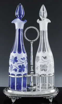 Buy Superb Antique Silver Plate & Bohemian Overlay Cut Glass Wine Decanters Tantalus • 92.54£
