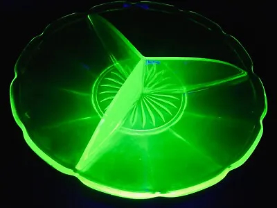 Buy Vintage Uranium Vaseline Green Glass Serving Dish 3 Section Plate Platter • 29£