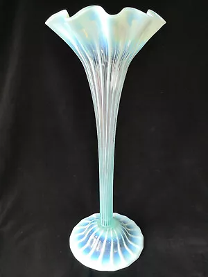 Buy Tall Kempton Victorian Blue Opalescent Ribbed Trumpet Art Glass Vase C1890 • 275£
