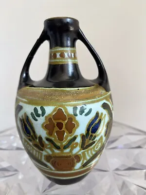 Buy Vintage Dutch Gouda Pottery Art Deco Double Handled Vase Floral Numbered Signed • 31£