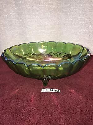 Buy Vintage 1970's Iridescent Green Indiana Carnival Glass Footed Oval Fruit Bowl • 37.95£