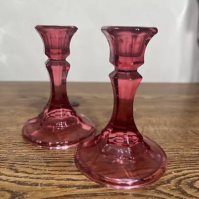 Buy Two Vintage Tapered Pink Cranberry Glass Candle Stick Pillar Holders 2 • 21.76£