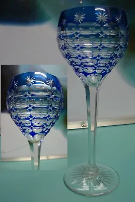 Buy Antique Magnificent Cobalt Blue Star Cut Bohemian Crystal TALL Hock Wine Glass  • 108.79£
