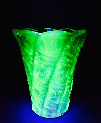 Buy Vintage Large Uranium Green Pressed Heavy Glass Flower Vase • 39.99£