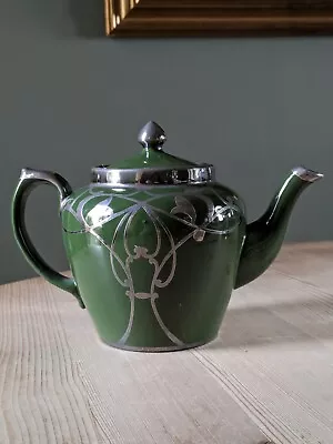 Buy Antique Green Glazed Redware Terracotta Silver Overlay Art Nouveau Teapot Lenox  • 22£