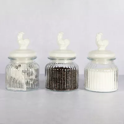 Buy 3 X Glass Jars With Lids Ribbed Vintage Tea Coffee Sugar Canisters Chicken Hen • 16.99£