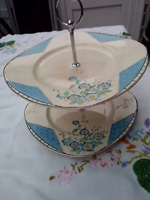 Buy Vintage Art Deco Burleigh Ware 2 Tier Cake Stand Maytime Pattern Blue Flowers • 22£