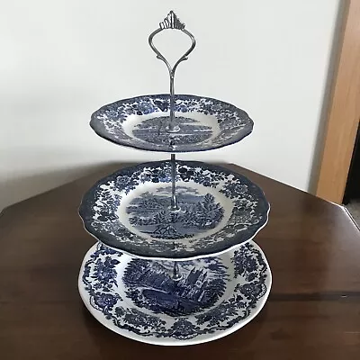 Buy Blue & White Royal Worcester 3 Tier Cake Plate Stand Transfer Ware Avon Scenes • 15£