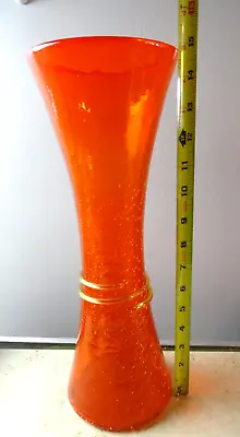 Buy Blenko Art Crackle Glass Vase Orange With Clear Rigoree Swirl 14 1/4  Tall RARE • 236.27£