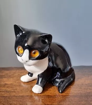 Buy Vintage Mike Hinton Small Seated Black & White Cat Figure, Glass Eyes - Signed • 31.57£