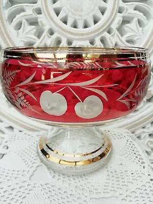 Buy Vintage Bohemian Red Gilt Flash Glass Pedestal Bowl Etched  Cherries • 14.99£