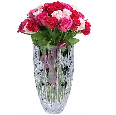 Buy Large Glass Flower Vase Heavy Vintage Retro Crystal Cut 24cm Tall 13cm Diameter • 15.30£