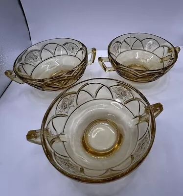 Buy Three Vtg Federal Rosemary Amber Double Handled Glass Cream Soup Bowls 1930s • 24.96£