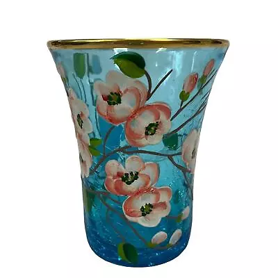 Buy Vintage Crackle Glass Vase Hand Painted Flowers Signed E. Cantrell 6  Tall Gold • 75.56£