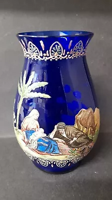 Buy Vintage Bohemien Cobalt Blue Glass Vase ,handpainted Religious Design • 45£
