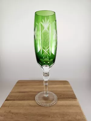 Buy Antique Bohemian  Cut To Clear Crystal Tall Stem Champagne Flute Lime Green • 46.03£
