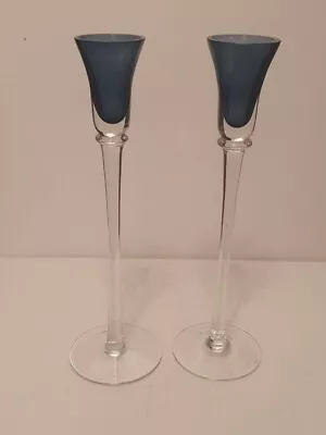 Buy Pair Of Blue Glass Footed Tall Slim Taper Candlestick Holder 29.5cm Tall • 20£