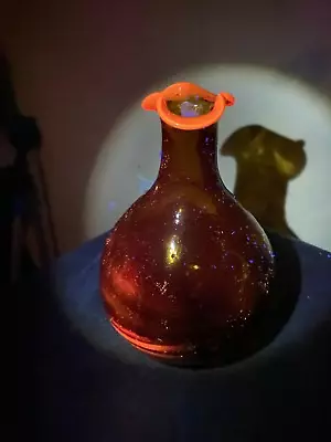 Buy VINTAGE UV REACTIVE Amber Crackle Glass Pear Shaped Vase W/Ruffled Rim 7.25 H • 38£