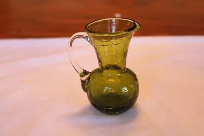 Buy Crackle Glass Vintage Green Hand Blown Art Glass Handled Small Pitcher • 18£