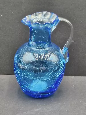 Buy Vintage Crackle Glass Blue Pitcher/Bud Vase Handblown/Glass Applied Handle 4.5  • 14.39£