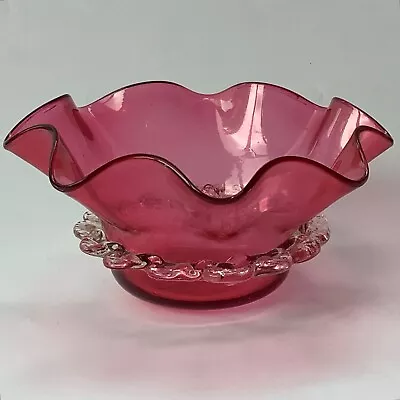 Buy Antique Cranberry Glass Bowl With Clear Frill Victorian Hand Blown C1900 • 20£