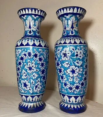 Buy Pair Of 1800's Antique Blue Sindh Multan Terracotta Pottery Vase India Pakistan • 377.46£