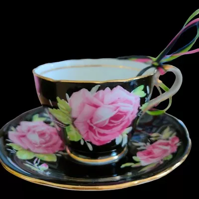 Buy Aynsley Black Tea Cup & Saucer Pink Roses English Bone China • 56£