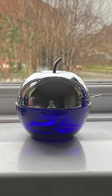 Buy Vintage Blue Glass And Chrome Plated Apple Shaped Condiment Pot & Spoon • 5£