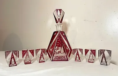 Buy Antique Cut To Clear Crystal Moser Czech Bohemian Red Deco Glass Decanter Set  • 1,105.72£