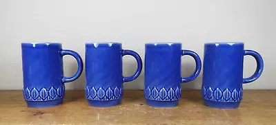 Buy Set Of 4 Tall Holkham Pottery Mugs In Blue With Leaf Design • 28£