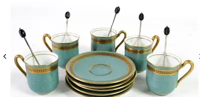 Buy Antique Royal Doulton Miniature Porcelain Teal & Gold 15 Pc Tea China Set Spoons • 166.23£