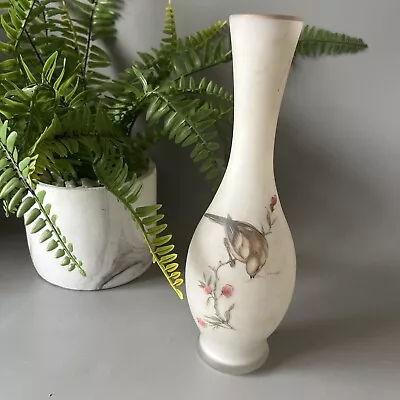 Buy Vintage White Satin Glass Vase Hand Painted Bird Sparrow & Pink Flowers Pattern • 10£