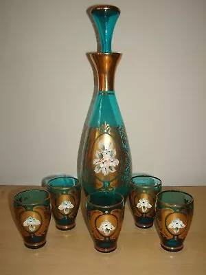 Buy Vintage Aqua Blue Gold CZECH BOHEMIAN VENETIAN MURANO Decanter & Glasses Set • 34.99£