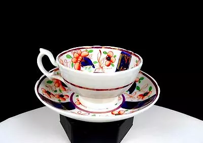 Buy Gaudy Welsh Staffordshire Porcelain Floral & Cobalt 2 1/8  Cup & Saucer 1850s • 40.13£
