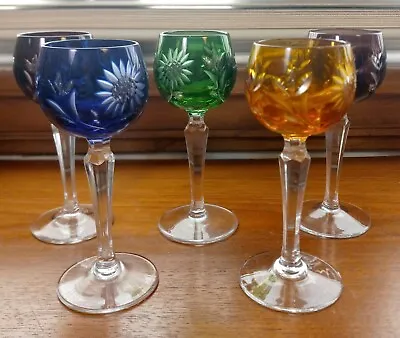 Buy 5pc Colorful Bohemian Czech Crystal Cordial Liqueur Etched Cut To Clear Glasses • 56.89£
