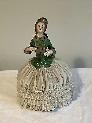 Buy Vintage Dresden Lace Figurine Victorian Woman With Purse - Blue Goat Makers Mark • 23.72£