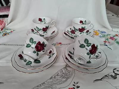 Buy 4 Vintage Royal Standard Bone China Red Velvet Roses Teacups Saucers Plate Set • 19.99£