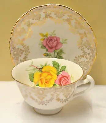 Buy Imperial 22KT Gold Cup & Saucer Cabbage Rose Wide Mouth Chintz Pink Yellow • 10£