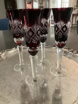 Buy Cut To Clear Ruby Red 4 Crystal Champagne Flutes, 8 5/8” Tall • 57.19£