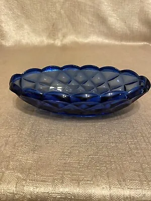 Buy Vintage Art Deco Cobalt Blue Glass Fluted  Diamond Cut Small Oval Dish Bowl • 19.99£