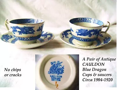 Buy A Pair Of Antique CAULDON Blue Dragon Cups & Saucers C1904-1920 • 9.99£