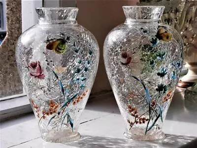 Buy Rare Pair Of Art Nouveau Moser Hand Enamelled Crackle Vases Flowers & Butterfly • 264.99£