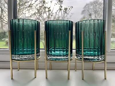 Buy Green Ribbed Glass Tea Light Candle Holder Hurricane With Stand Votive Wedding • 11.99£