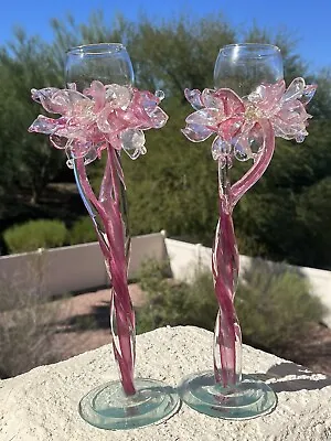Buy OOAK Vtg Hand Blown Art Glass Tall Candle Holders 14'' Tall Clear And Cranberry • 81.88£