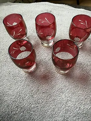 Buy Set Of 5 Vintage Cranberry Ruby Red Etched Glasses With Gold Trim On Base • 25£