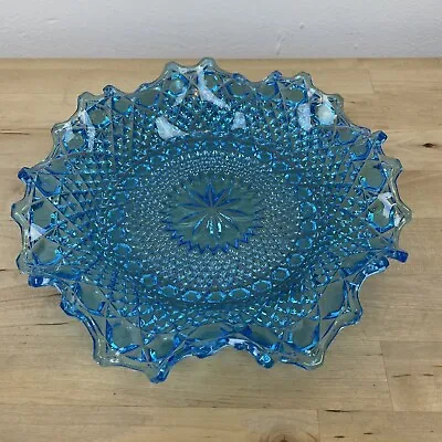 Buy Vintage Sowerby Turquoise Hobnail And Button Pressed Glass Dish With Fluted Edge • 18£