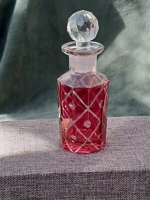 Buy Vintage Cranberry Cut Glass Perfume Bottle With Faceted Clear Crystal Stopper • 19£