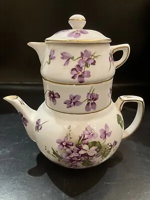 Buy Hammersley Victorian Violets Tea Set For One Stacking 1/2 Pint Teapot Milk Sugar • 35£