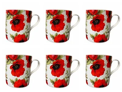 Buy Set Of 6 Poppy Design Coffee Tea Fine Bone China Mugs Poppy Mug Set • 22.99£