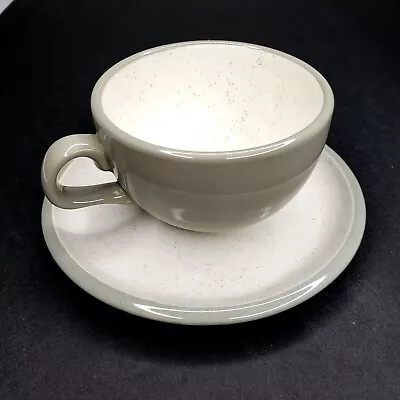 Buy Vintage MCM Harkerware  White Cap  Stoneware Teacup & Saucer Set White & Gray • 9.72£